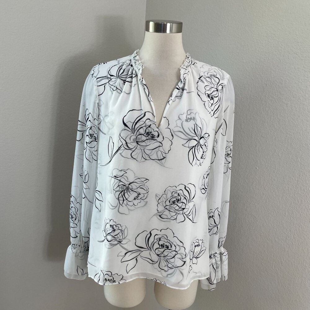 White House Black Market Womens‎ 10 Floral Long Sleeve Blouse Shirt Ruffle Neck